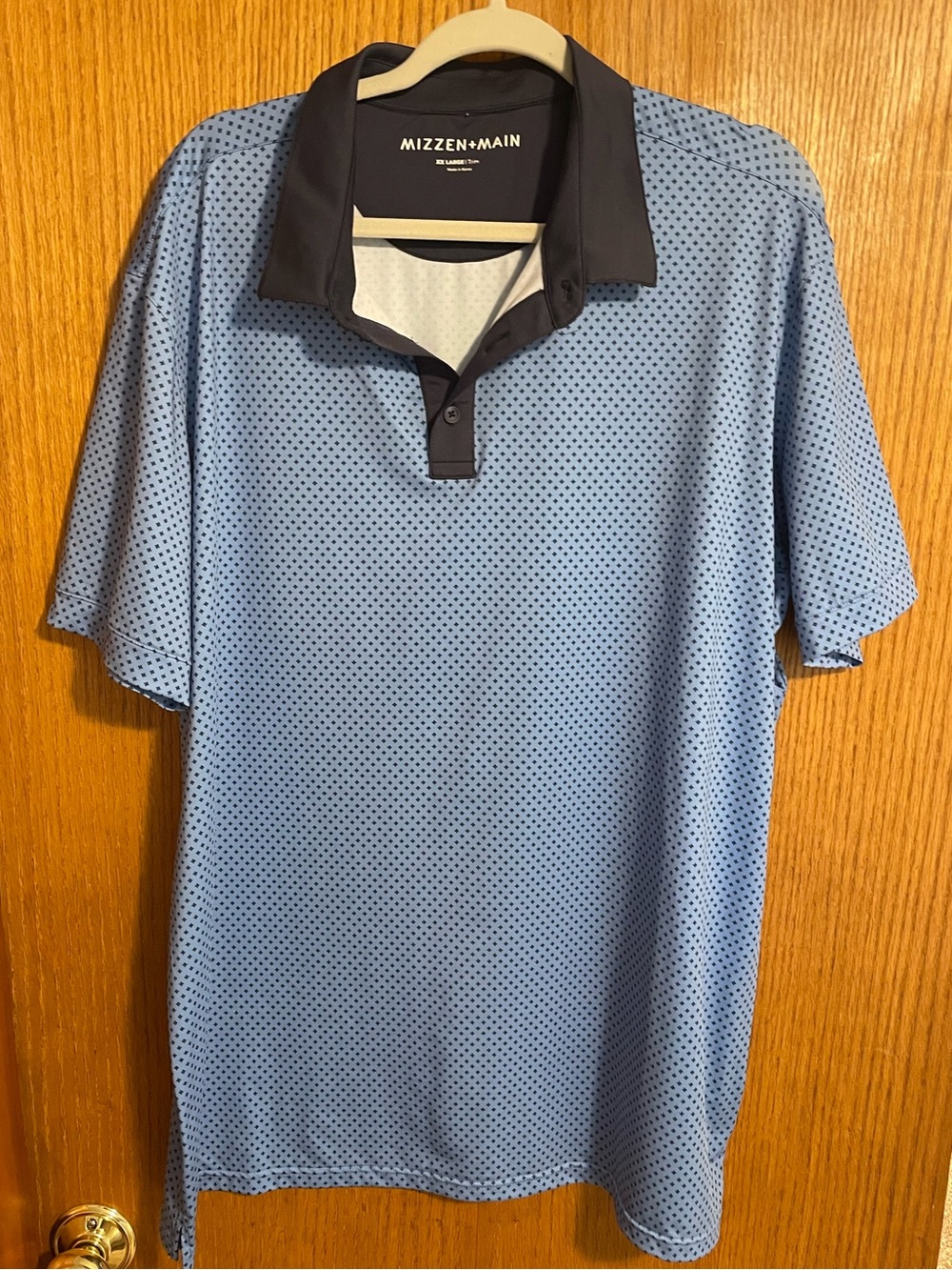 Mizzen+Main Polo Shirt Mens Large Blue Geometric Short Sleeve Stretch Trim Fit